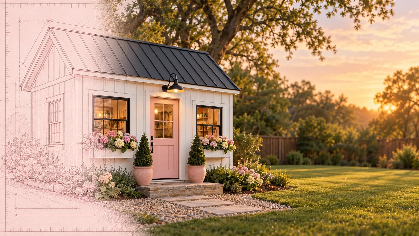 The pink door bakery shed at sunset, its left side still a pencil blueprint turning into the real building