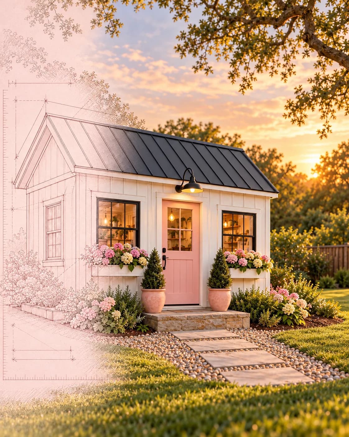 The pink door bakery shed at sunset, its left side still a pencil blueprint turning into the real building