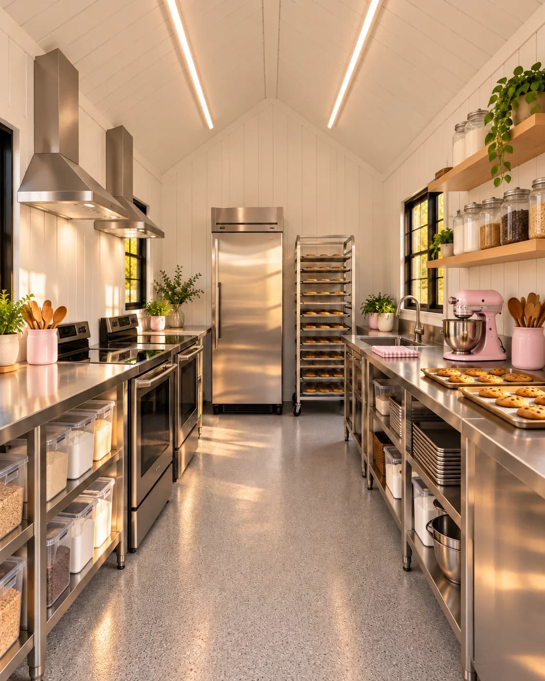 Inside the bakery: two ovens with hoods, stainless counters, a tall fridge, a rack of cookie trays and a pink stand mixer, all in sunlight