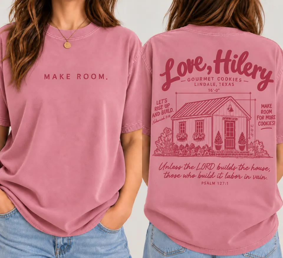 The Make Room shirt in Pink with red print, front and back